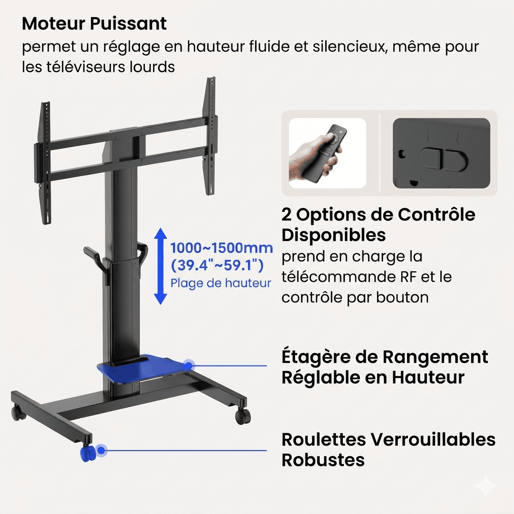 Stand modulable et mobile avec ajustemement motorisé par télécommande sans fil pour écran tactile de 55 65 75 et 86 pouces - InfiniSygn