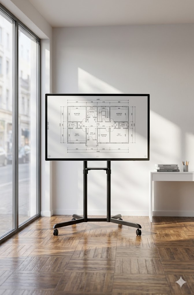 Huddle room avec écran flip 43 pouces InfiniSygn en mode paysage — collaboration petite salle de réunion