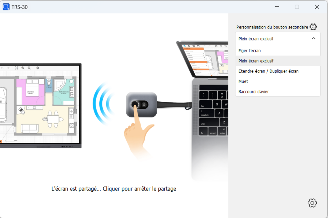 Illustration graphique de l'utilisation du bouton secondaire du transmetteur sans fil dans sa vidéoprojection
