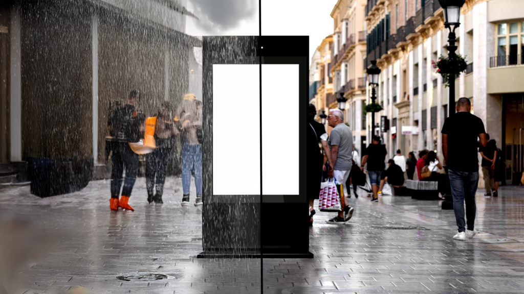 un totem extérieur en pleine rue pietonne sous la pluie et par grand soleil