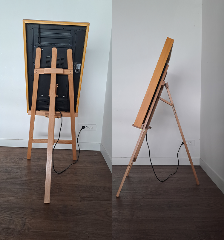 image d'un écran sur son chevalet en bois de face et de derrière