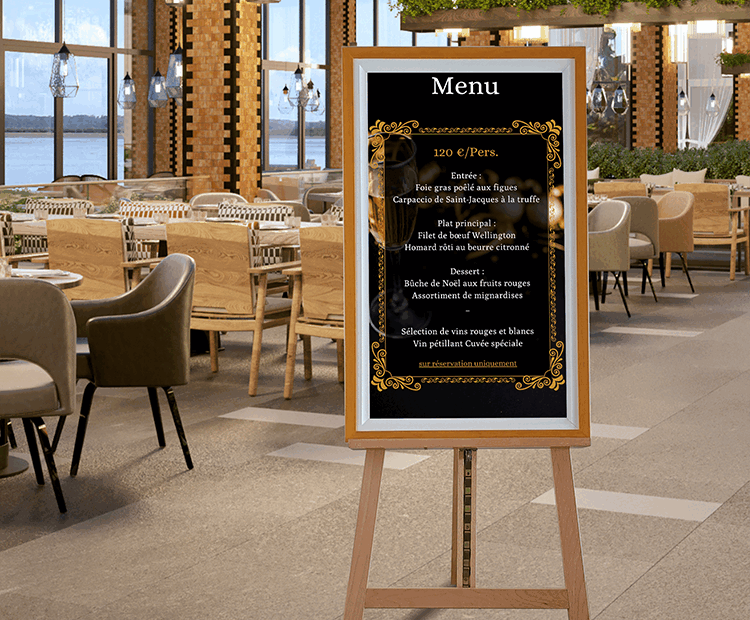 image d'un Chevalet numérique en bois avec un écran non tactile dynamique dans un restaurant