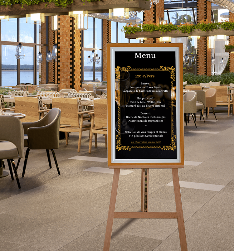 image d'un Chevalet numérique en bois avec un écran non tactile dynamique dans un restaurant