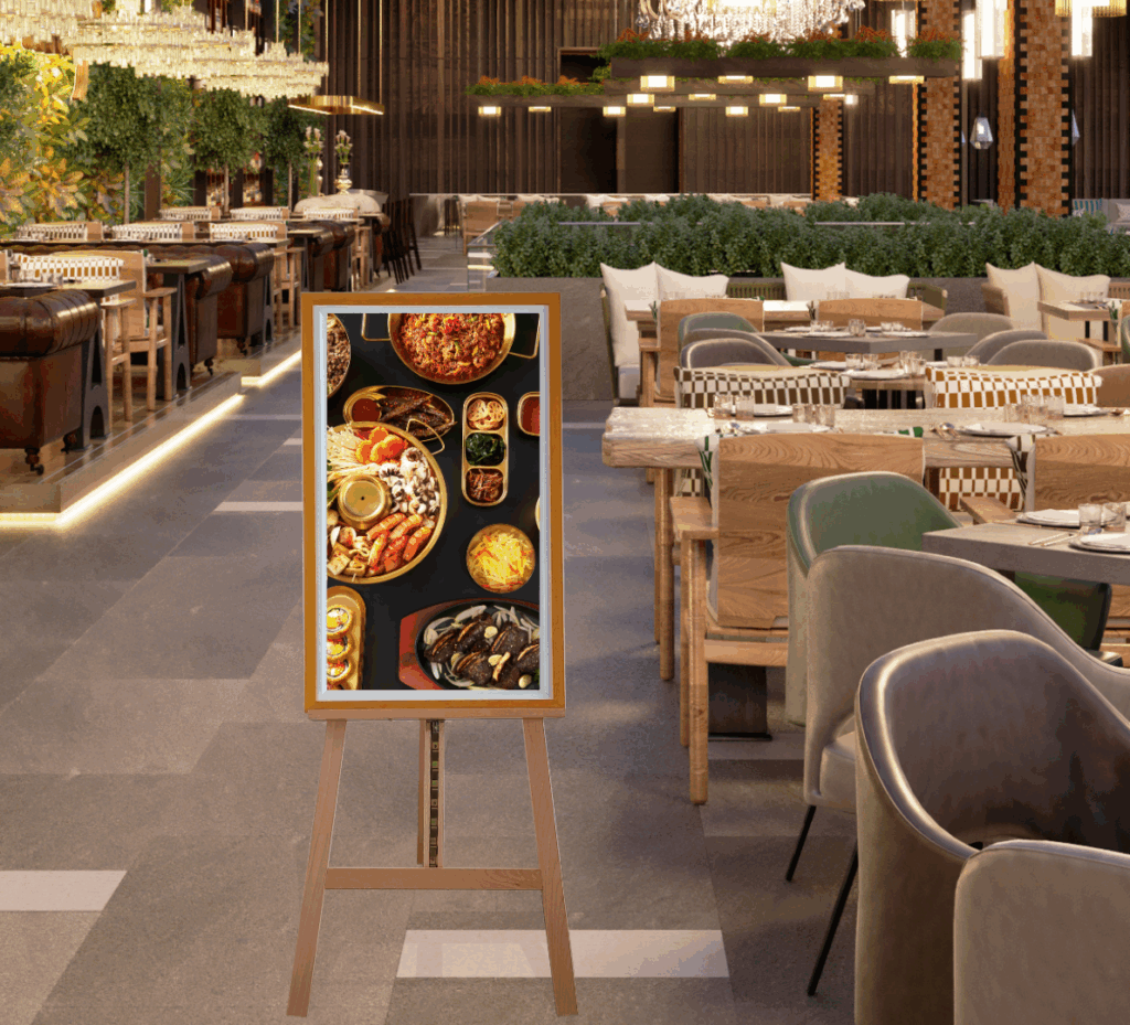 chevalet numérique en bois dans un hotel restaurant