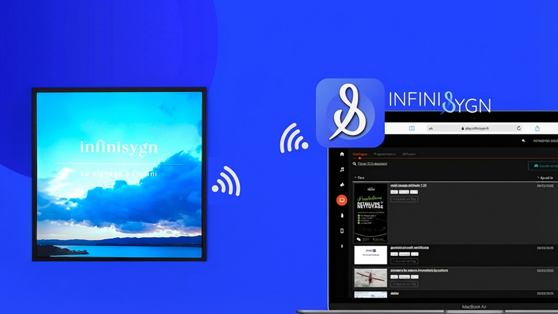 visuel représentant l'écran carré au rebord noir qui se connecte à distance avec le logiciel en ligne InfiniSygn