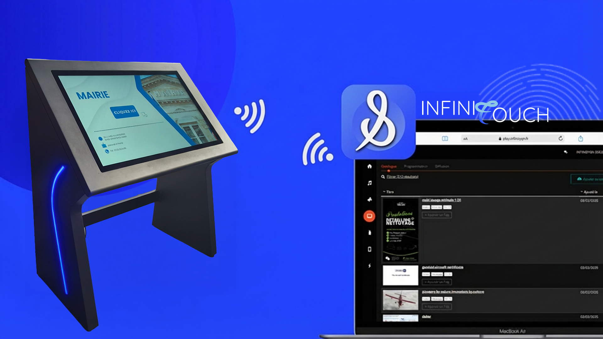 visuel présentant la connexion entre le kiosque digital inclusif PMR infinisygn avec le logiciel d'affichage tactile InfiniTouch