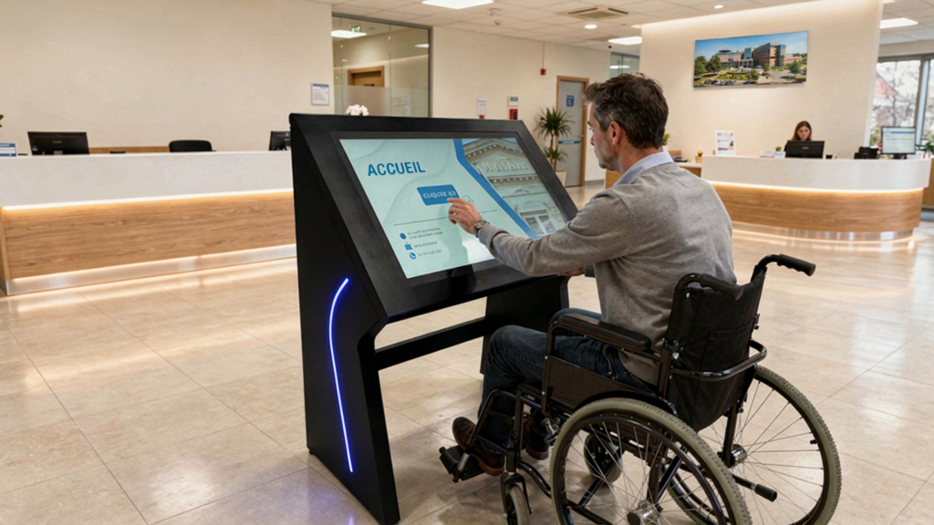 Photo d'une personne a mobilité réduite (PMR) utilisant le kiosque numérique inclusif InfiniSygn