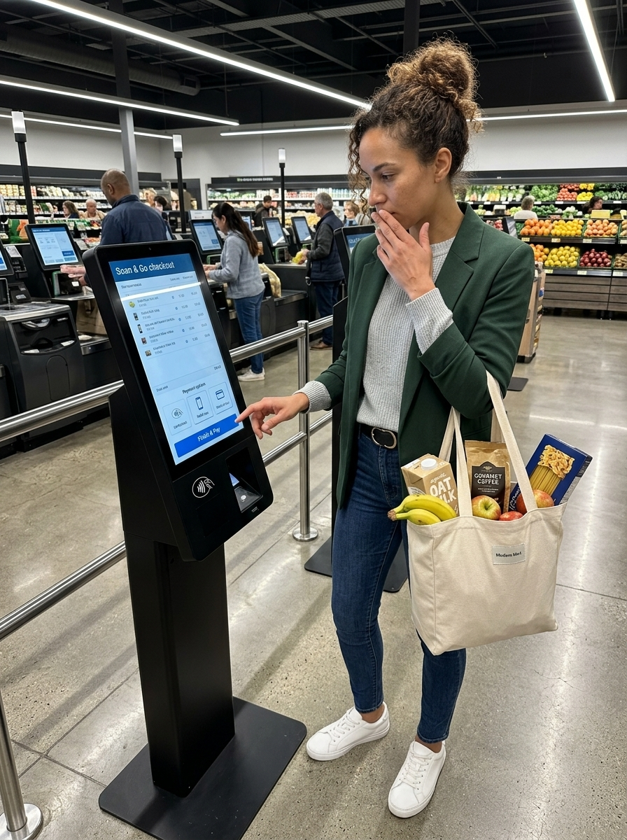 borne tactile dans unmagasin alimentaire avec une femme manipulant l'écran