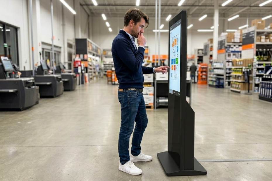 personne manipulant un écran totem dans un magasin de bricolage