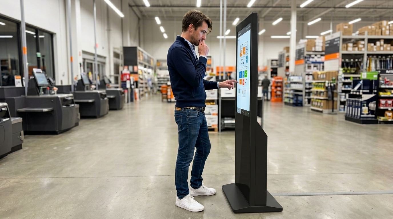 personne manipulant un écran totem dans un magasin de bricolage