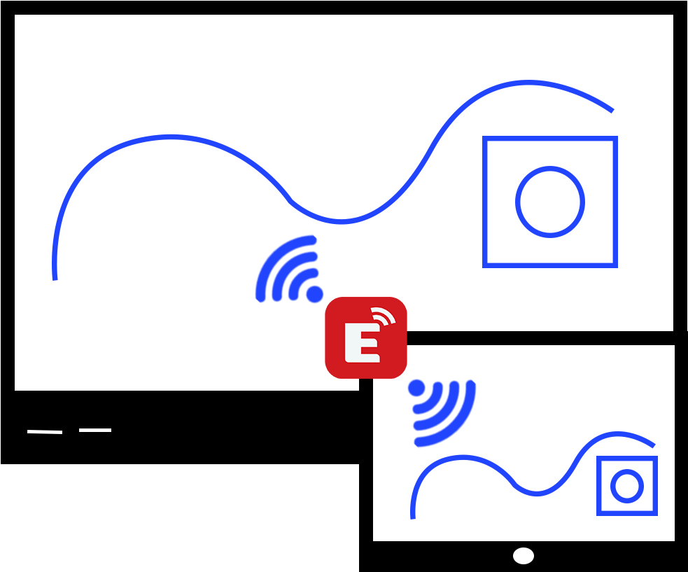 icone de vidéoprojection entre un écran MFC tactile et interactif InfiniSygn et une tablette tous les deux munis de l'application EShare