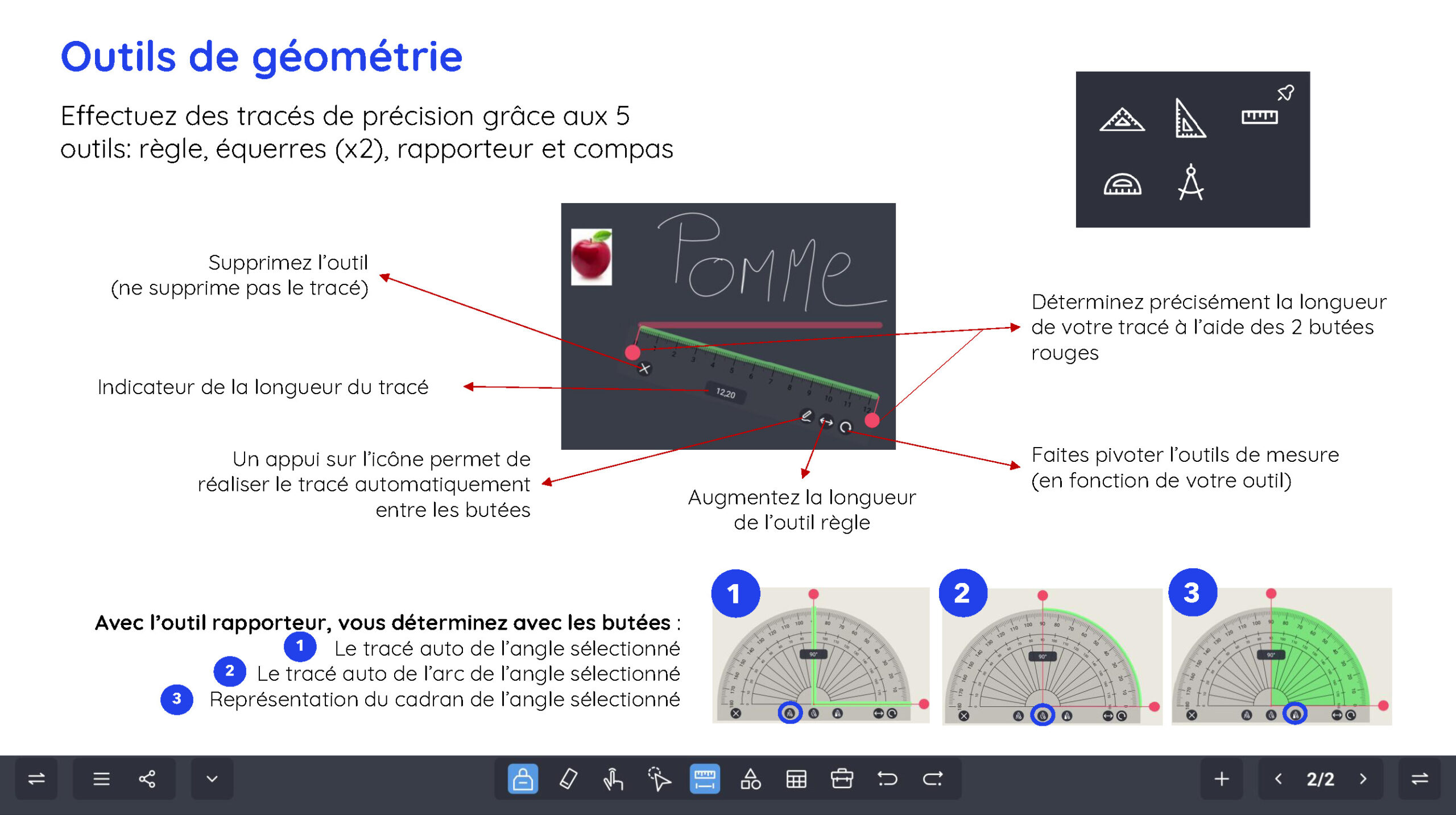 Outils de géométrie SWrite — règle, équerres, rapporteur et compas numériques