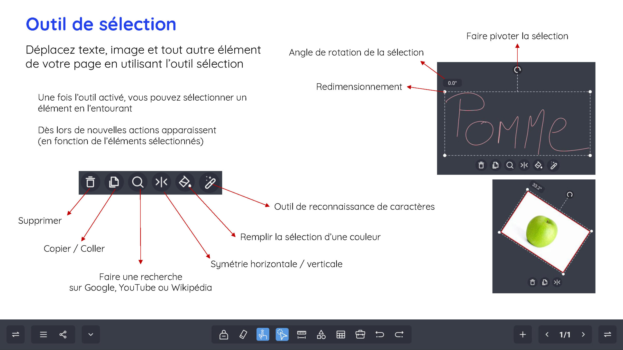 Outil de sélection SWrite — lasso et menu contextuel d'actions